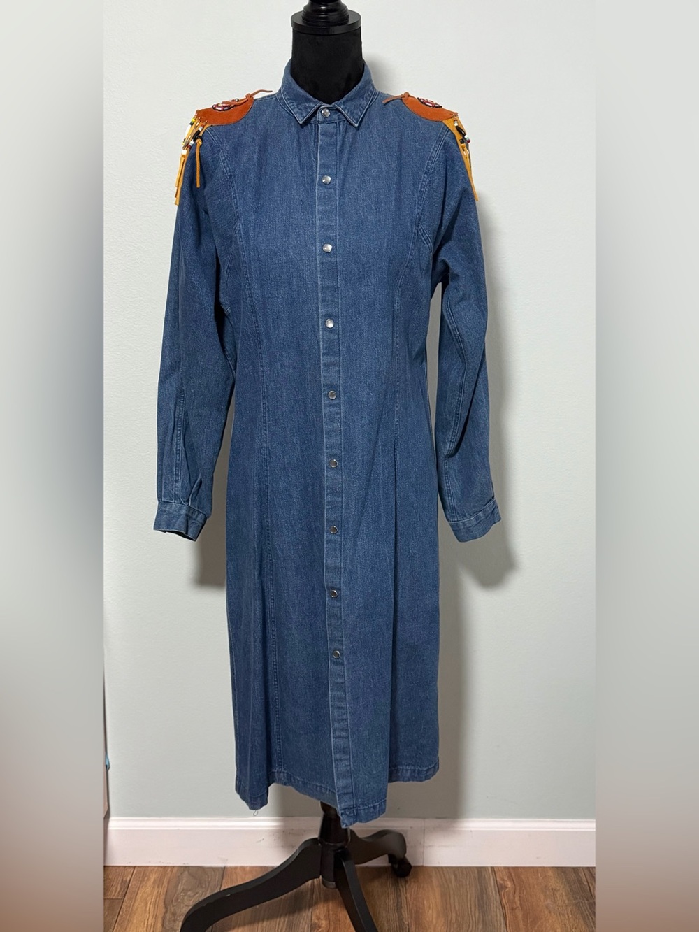 VINTAGE Calvin Klein Denim Pearl Snap Dress with Beading and Fringe- Small
